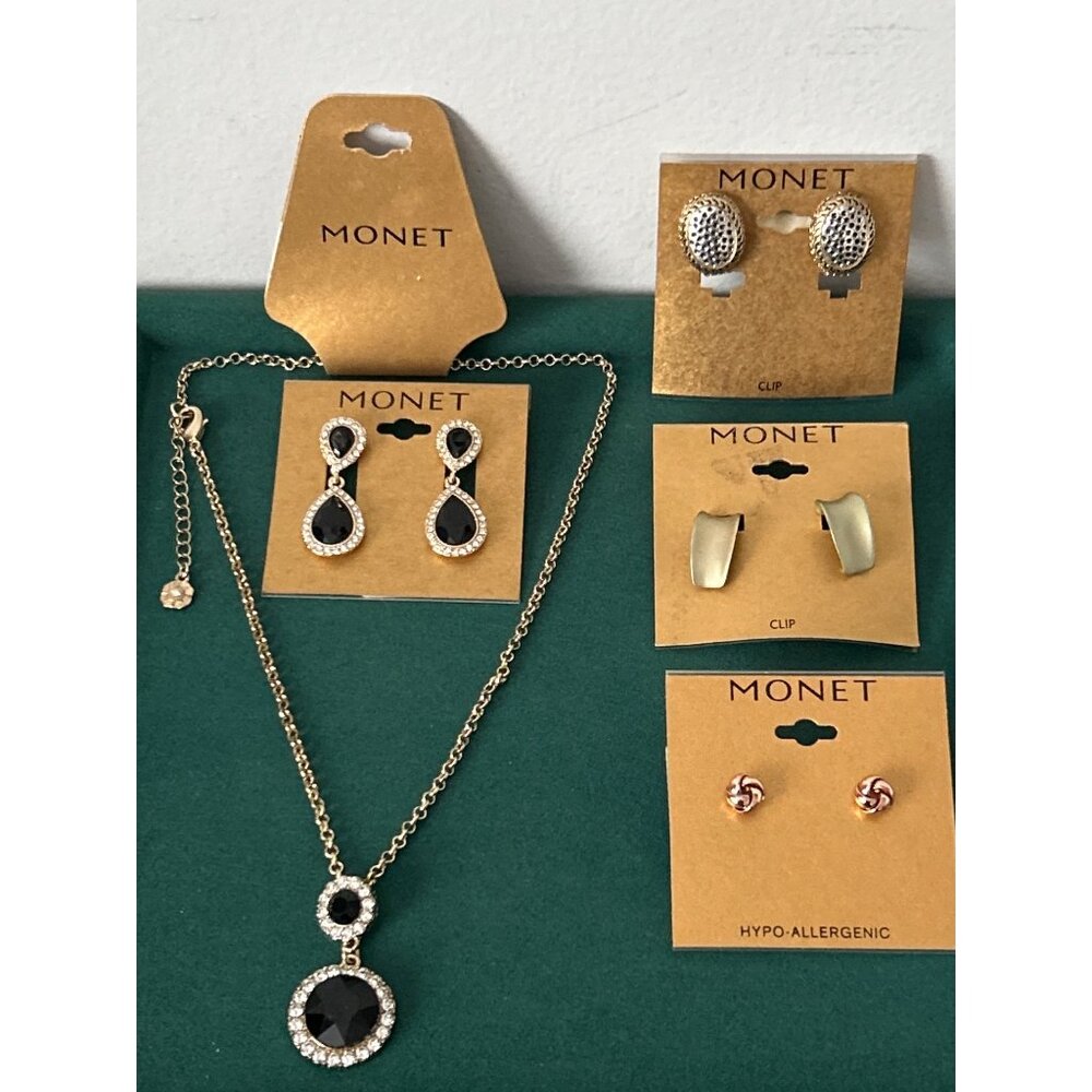 VTG NWT Monet Jewelry Lot 5 Pieces Glass & Crystal Necklace Matching Earrings